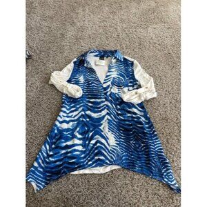 Blue Saks Fifth Avenue Women Tops Blouses Roll Tabs Tunic Size XS Blue White